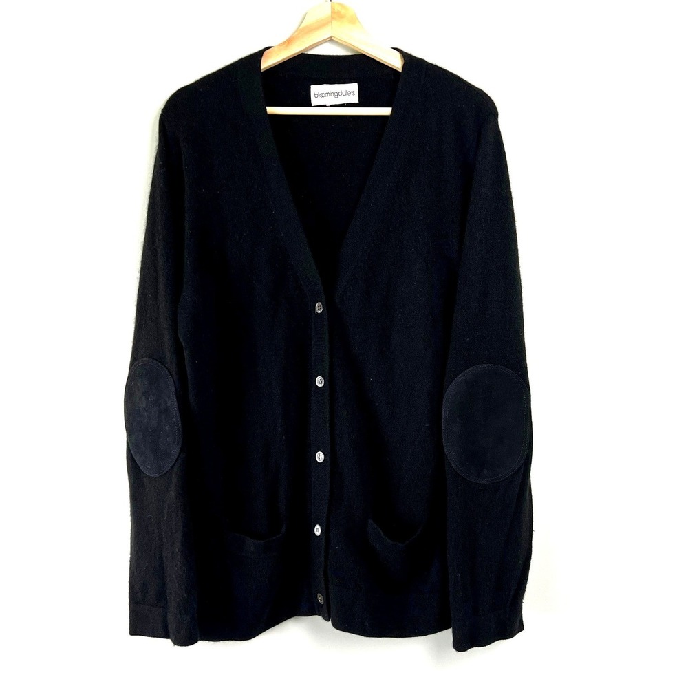 Bloomingdales Black Cashmere Cardigan V-Neck Elbow Patch Quiet Luxury Capsule